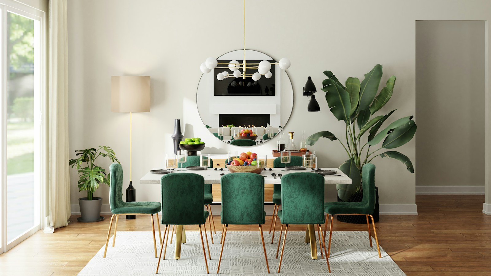 Arched illuminated designer mirror staged in a luxury modern interior